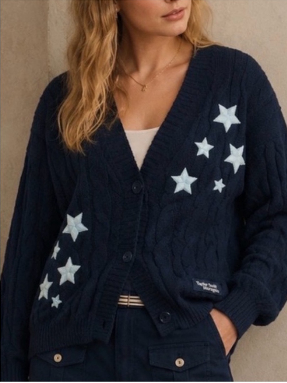 Taylor Swift Midnights Cardigan Navy Button Chunky Knit Embroidered Stars-XS/S